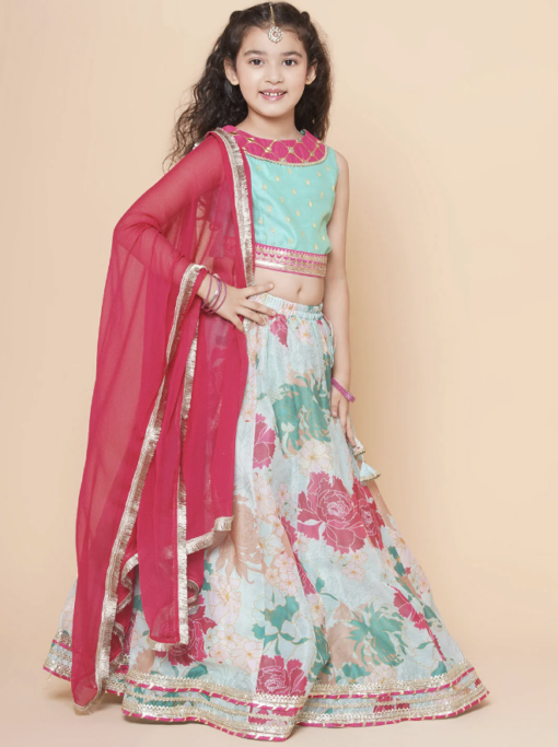 Turquoise - Floral Printed Lehenga & Blouse With Dupatta - Image 5